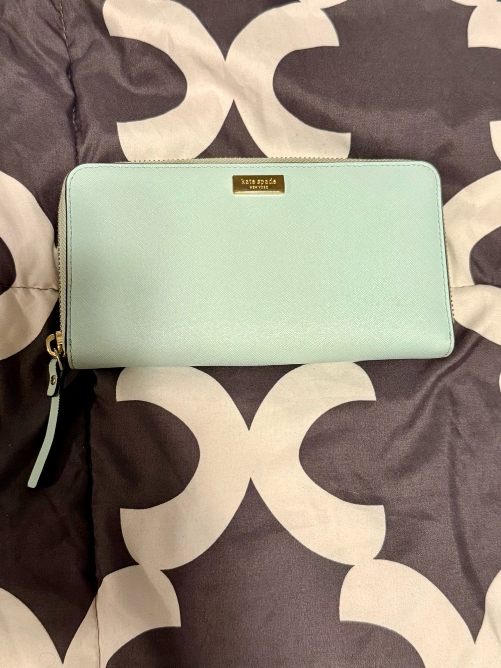kate spade Robin's Egg Zip-Around Saffiano Leather Wallet with Gold Plate